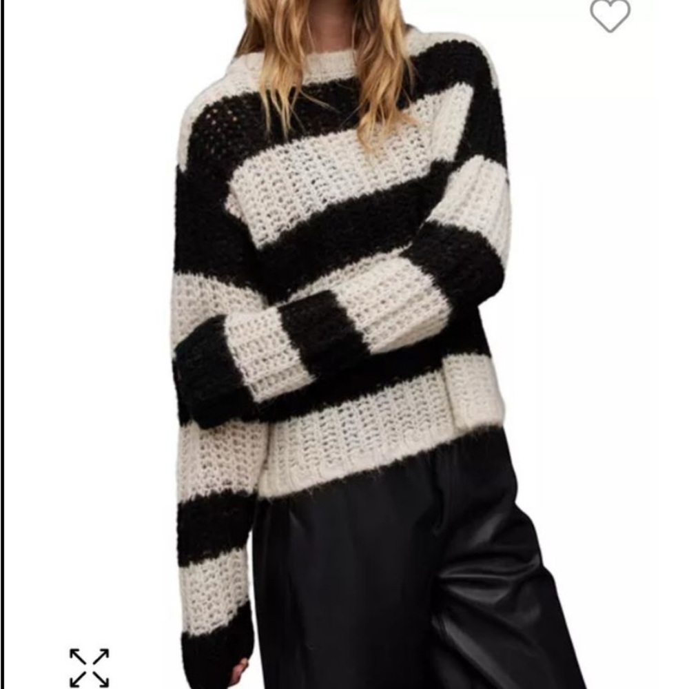 AllSaints Black and Cream Wide-Striped Crochet Crewneck Sweater